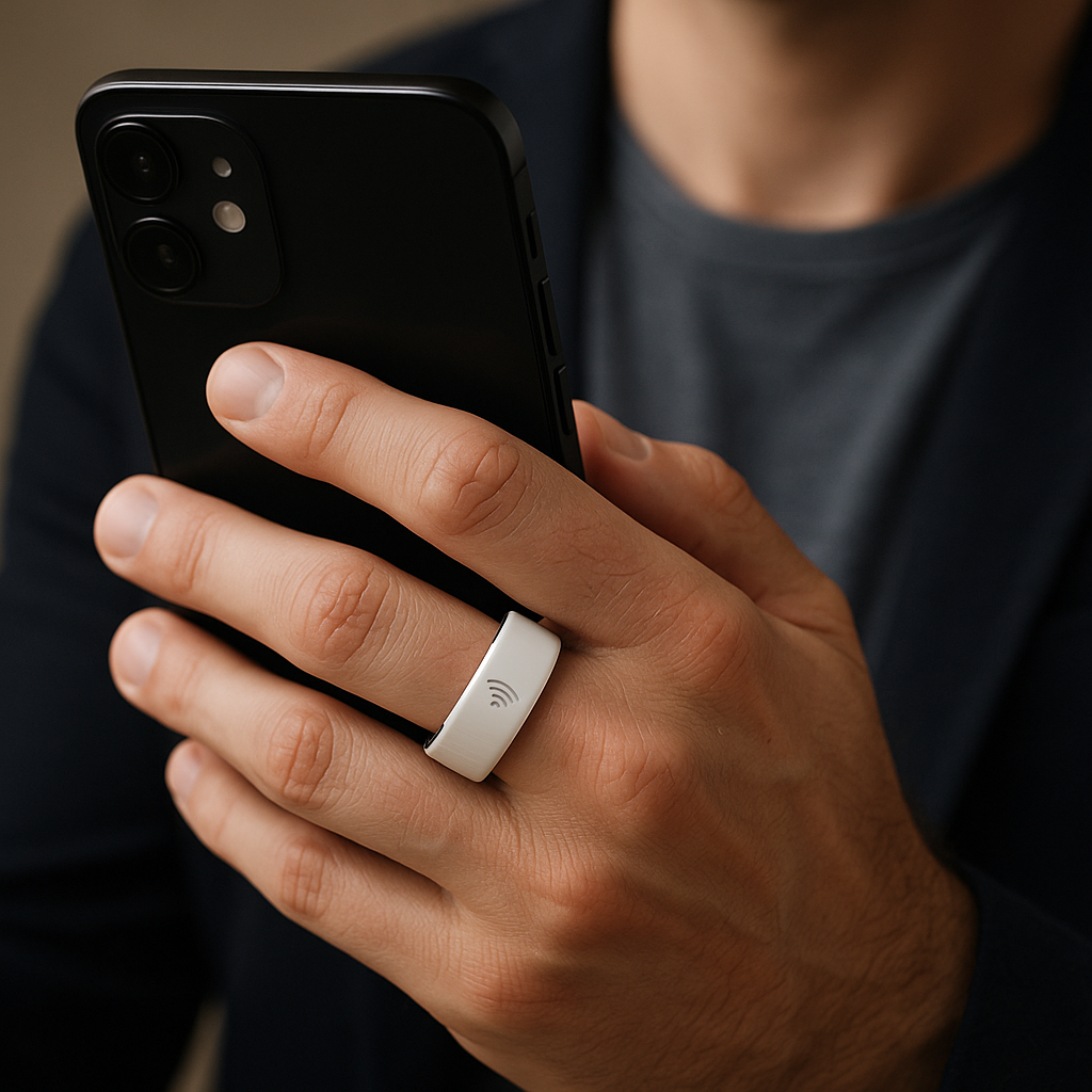 mobilní telefon a platební prsten